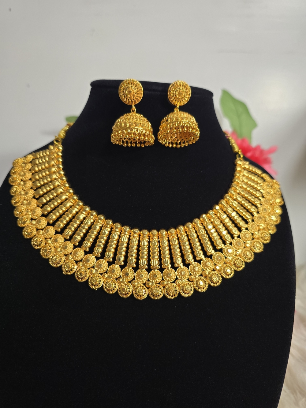 Gold-Tone Traditional Jhumka Necklace and Earring Set